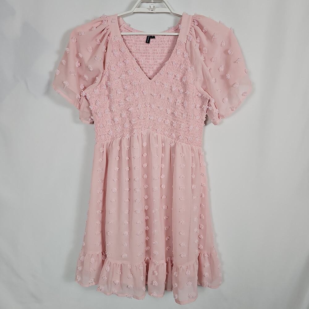 Zattcas Pink Swiss Dot Smocked Flutter Sleeve Mini Babydoll Dress Womens Size L